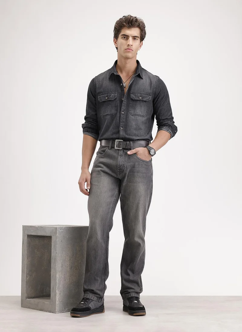 روجن Slim Fit Faded Denim Shirt  | Black